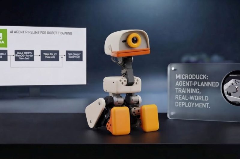 NVIDIA GTC presentation showing the Microduck biped robot alongside an AI agent workflow diagram for planning obstacle courses and robot training.