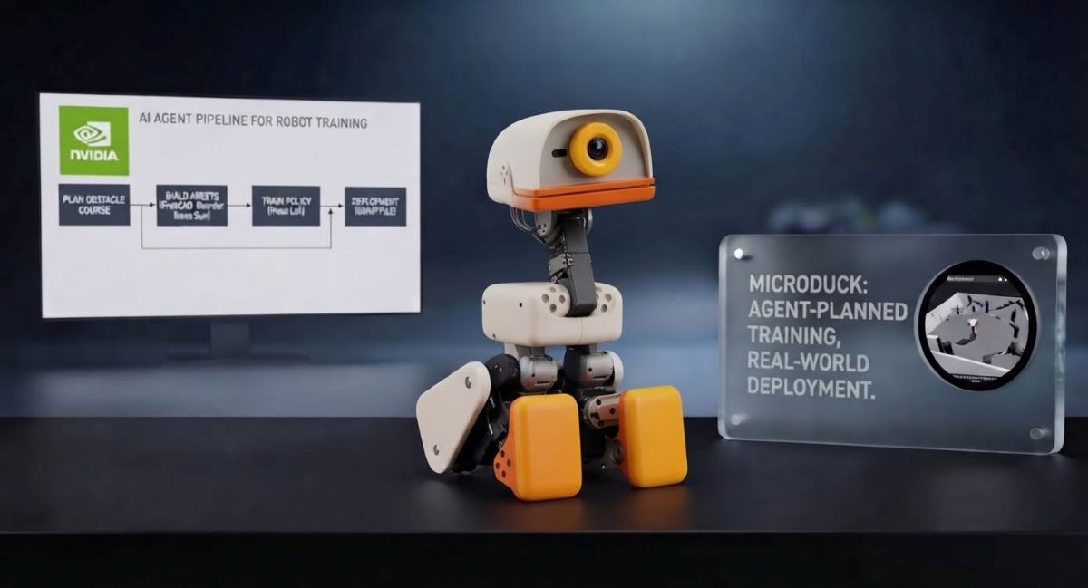 NVIDIA GTC presentation showing the Microduck biped robot alongside an AI agent workflow diagram for planning obstacle courses and robot training.
