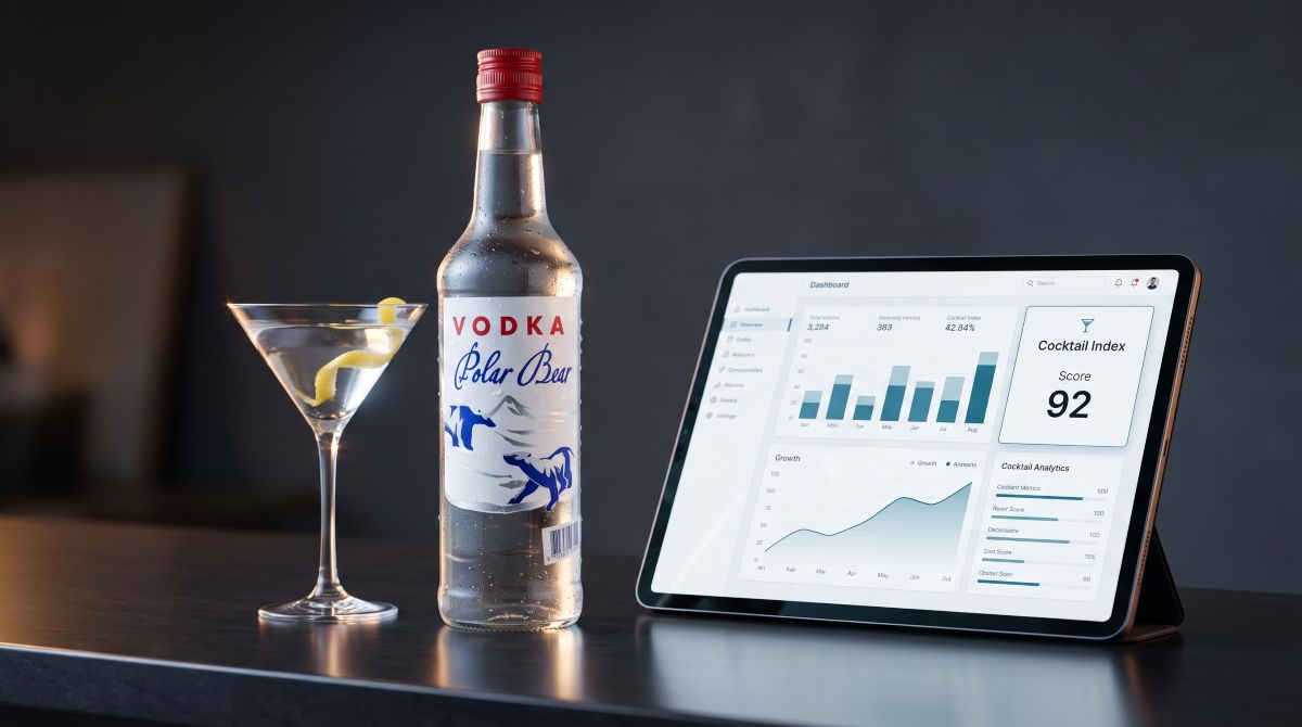 A bottle of Vodka Polar Bear and a martini glass beside a tablet displaying a Cocktail Index analytics dashboard.