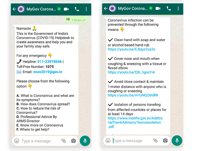 MyGov Corona Helpdesk WhatsApp chatbot