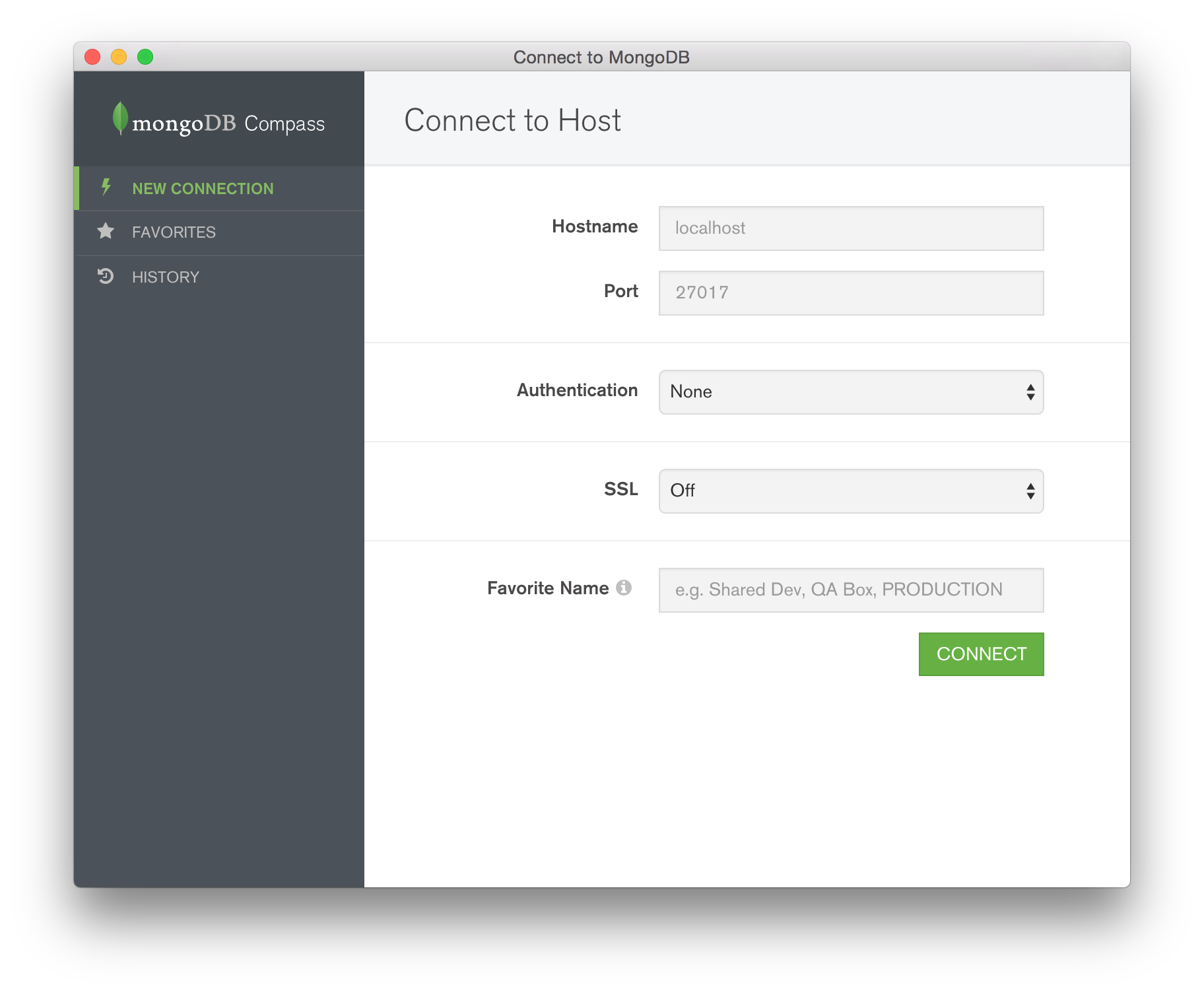 MongoDB Compass: New Connection Form